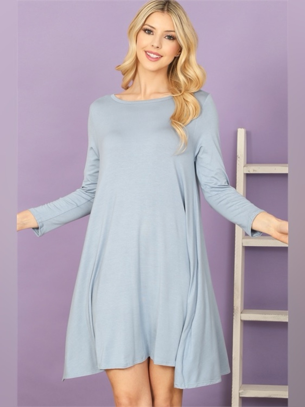 Light Blue Boat Neck Swing Dress Pockets Long Sleeve Babydoll Tunic Dress